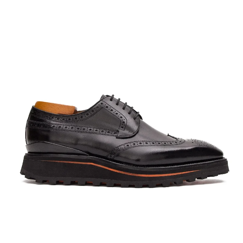 Thick-soled calfskin formal brogue derby shoes Black